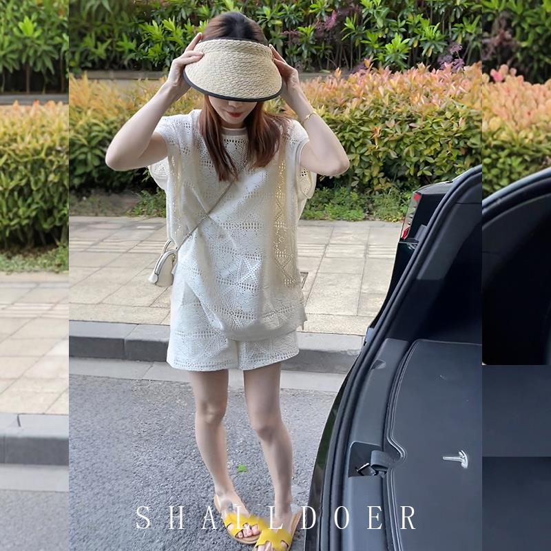 镂空蕾丝短袖t恤女短裤套