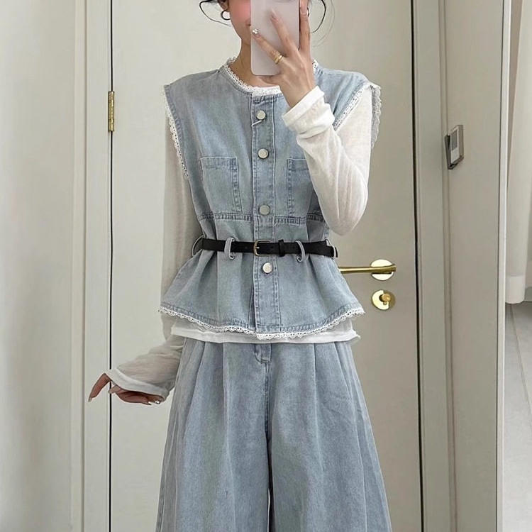牛仔套装女春季韩版蕾丝