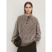 c复古绞花亨利领针织毛衣女25秋冬高克重加厚彩纱宽松立领上衣