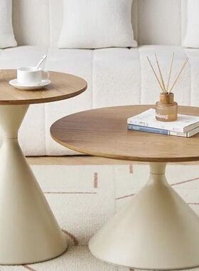 奶油风实木茶几家用极简客厅小户型现代简约高级感圆形可移动边几