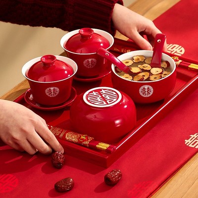 婚礼红色茶具敬酒陪嫁大全结婚用品改口敬茶杯套装一对喜碗筷杯子