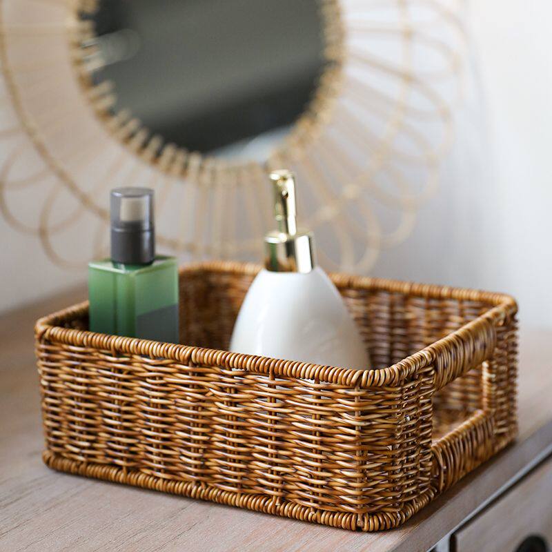 9V7TKens桌面遥控器收纳盒 仿藤编织浴室洗漱用品收纳筐酒店毛巾