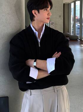韩系感cleanfit半拉链翻领POLO衫毛衣男早秋新款休闲针织上衣
