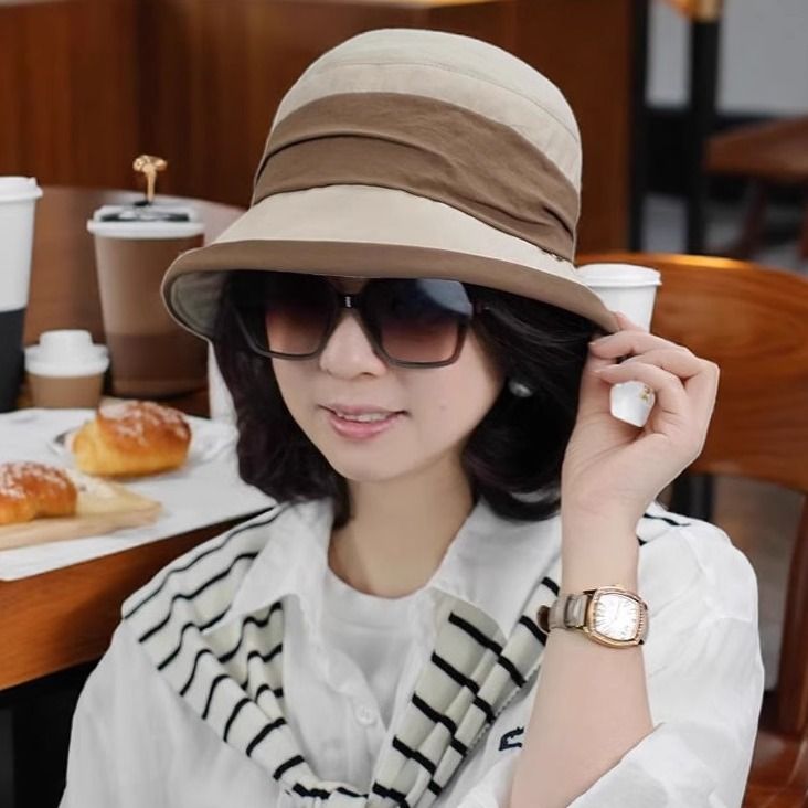法式赫本风拼色渔夫帽女2025新款户外出游防晒渔夫帽百搭遮阳盆帽