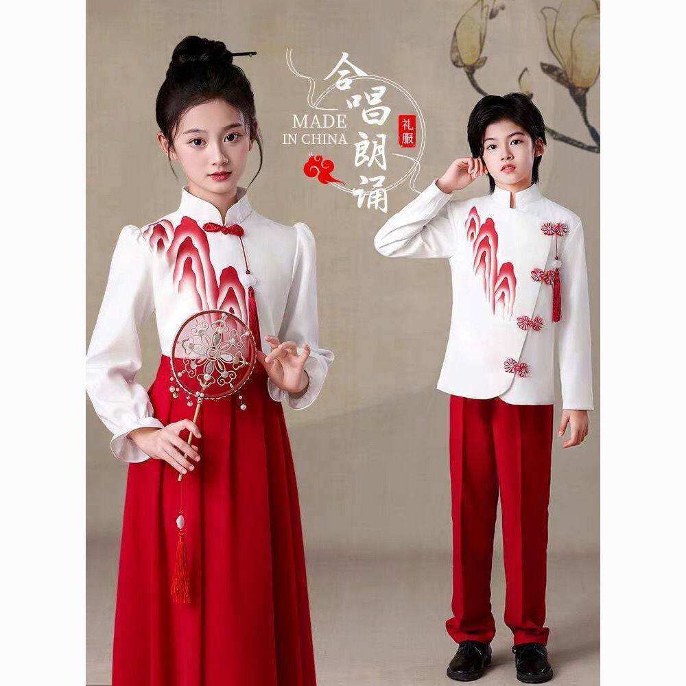 儿童合唱演出服小学生朗诵女童红色礼服演讲比赛服装秋冬中大童