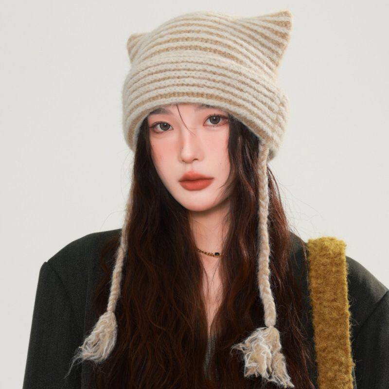 小众可爱猫咪耳朵条纹毛线帽秋冬时尚潮流恶魔辫子保暖针织帽冷帽
