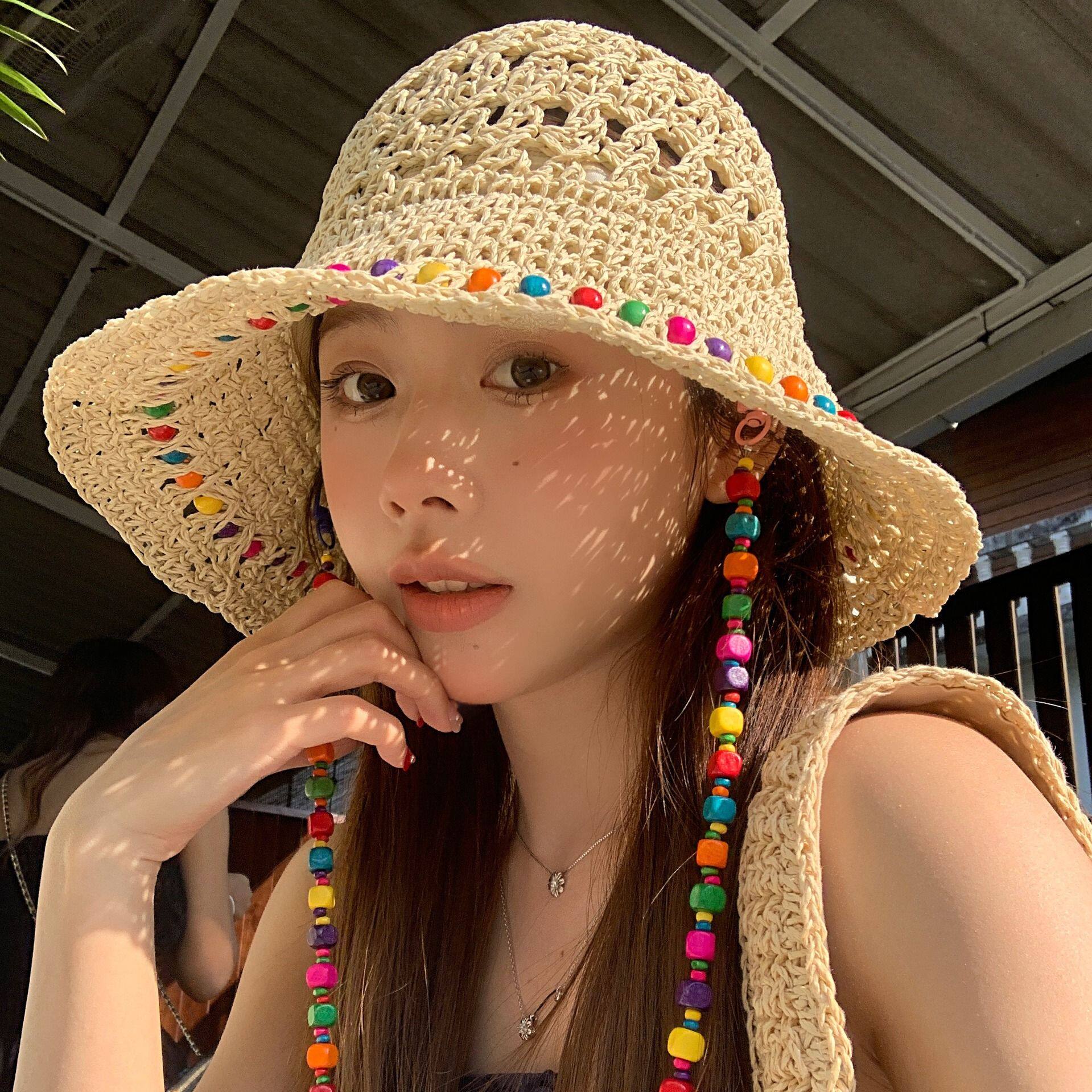彩虹假日~陈奶奶彩色木珠女镂空大帽檐遮阳防晒显脸小渔夫帽