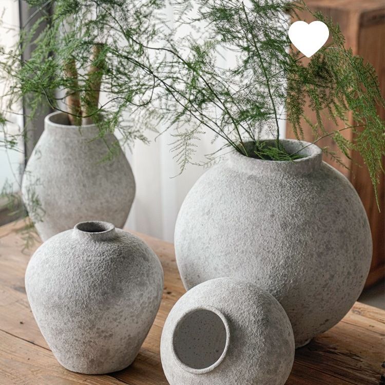 中式复古手工粗陶罐花瓶陶瓷大肚花器大号客厅玄关装饰品摆件绢花