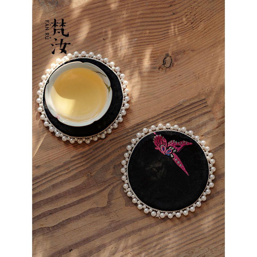 织锦刺绣蝴蝶杯垫壶垫创意珍珠边水杯咖啡杯垫布艺圆垫无