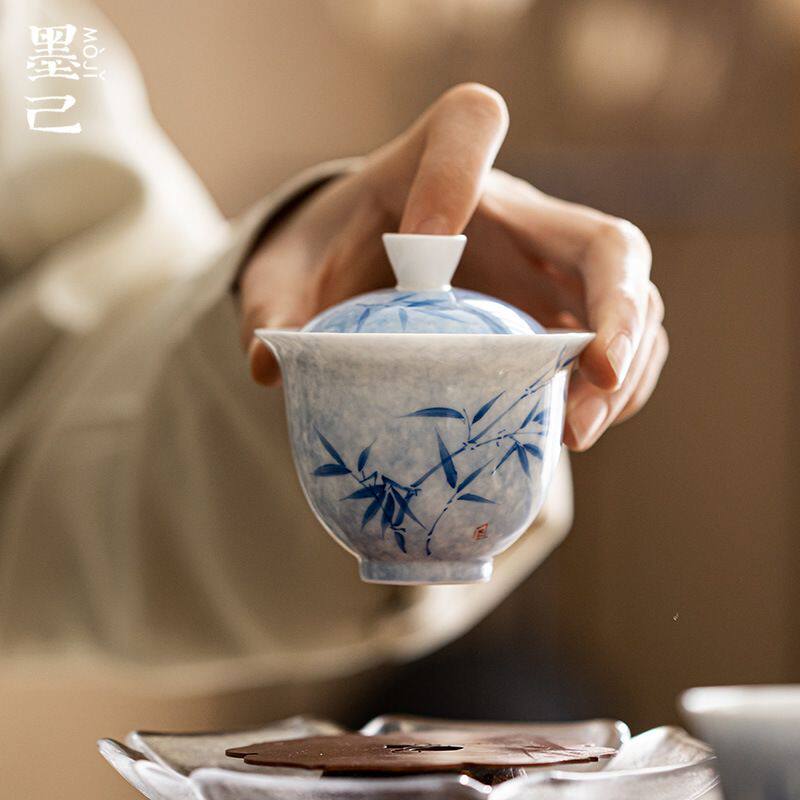 墨己 清水蓝墨染手绘盖碗 功夫茶具文人青花竹子陶瓷泡茶碗 家用