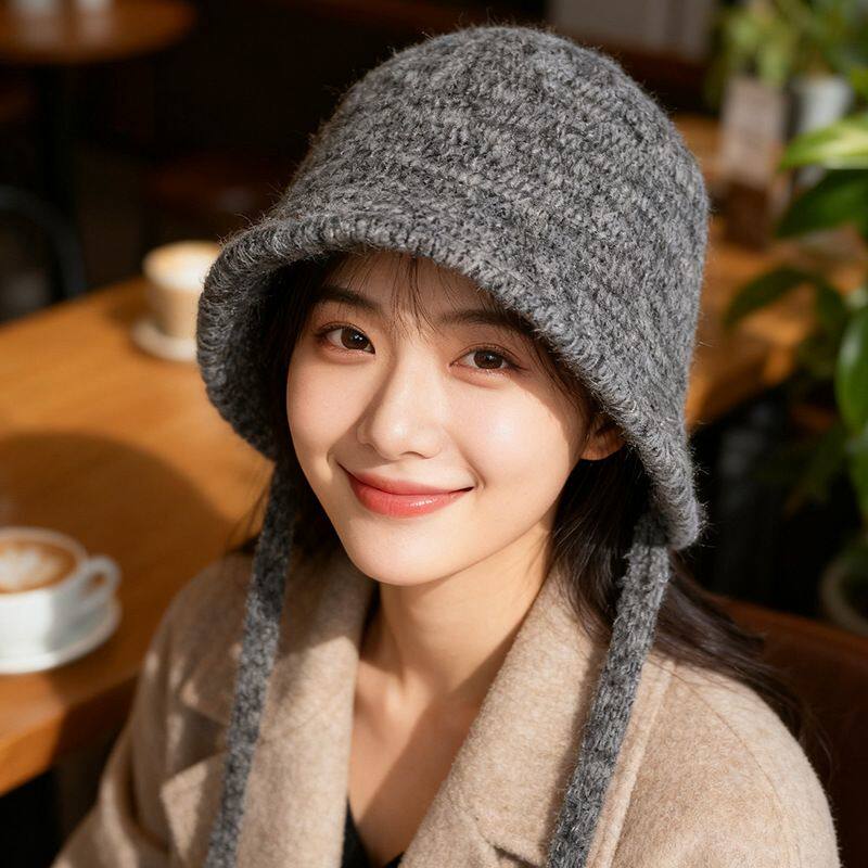 针织绑带渔夫帽女秋冬素颜显脸小灰色大头围盆帽高级感百搭水桶帽