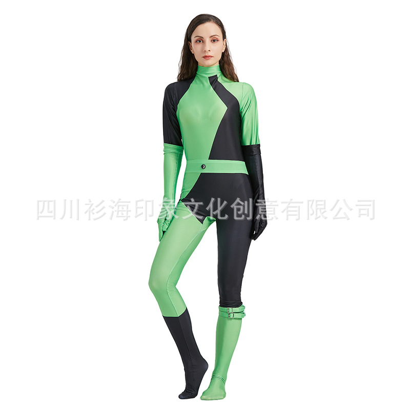 麻辣女孩cos迷人反派Kim Possible Shego连体紧身衣舞台表演服