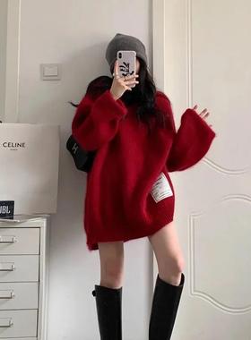 【非常厚】75-300斤加大码2023秋冬季新款连帽外套圣诞红色毛衣女