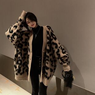 大码胖妹妹加厚豹纹外套女韩版宽松显瘦复古中长款慵懒风针织开衫