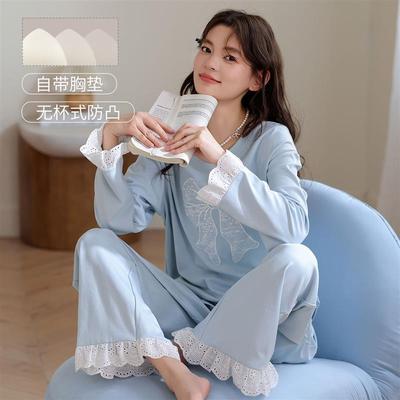 漂亮出门睡衣全棉秋季新款100%纯棉带胸垫花边蝴蝶洋气长袖外穿睡