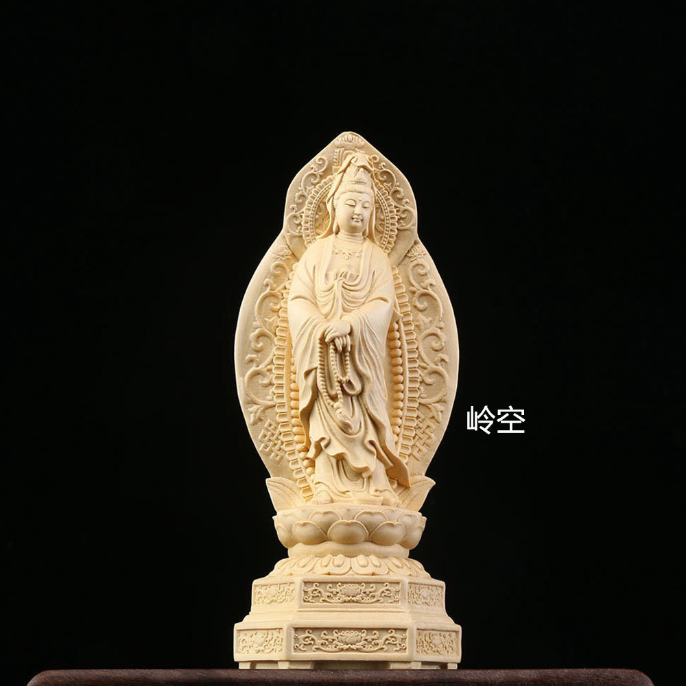 桧木崖柏木雕背光念珠观音菩萨佛像摆件客厅家用站莲观世音工艺品