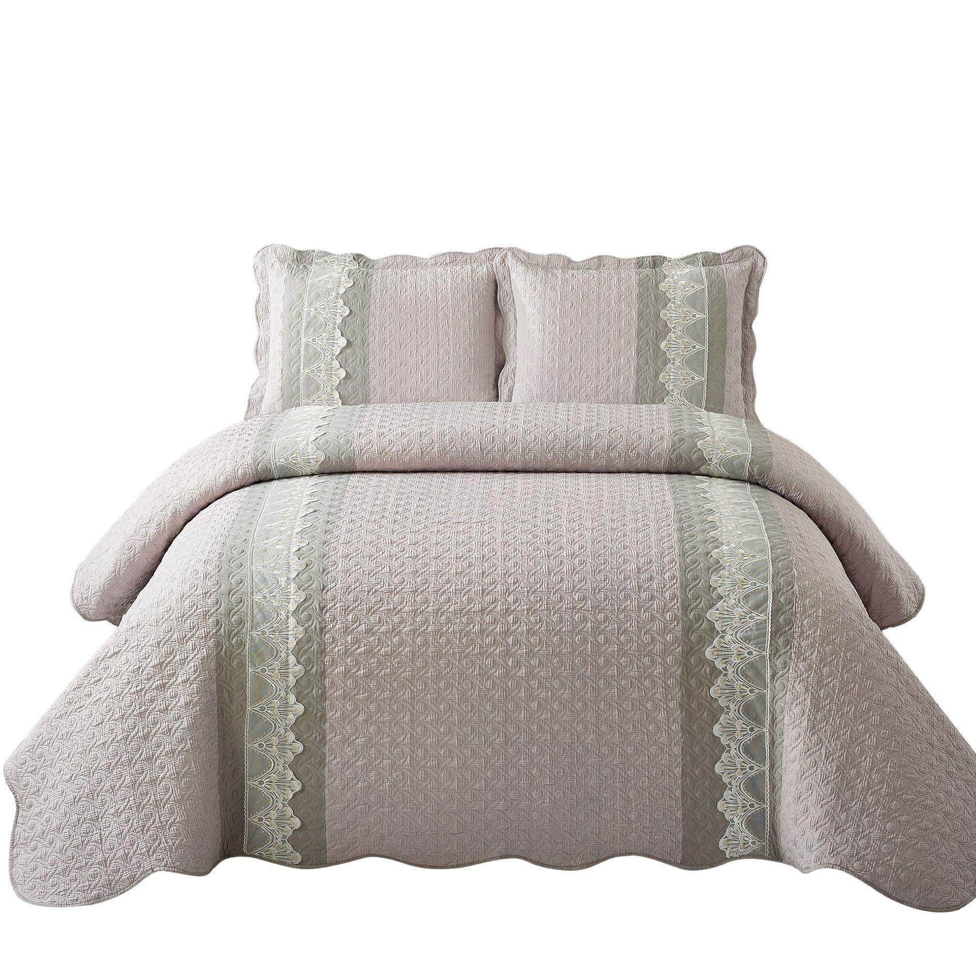 绗缝被床上用品泡泡布蕾丝花边素色电脑刺绣三件套双面绣花床盖