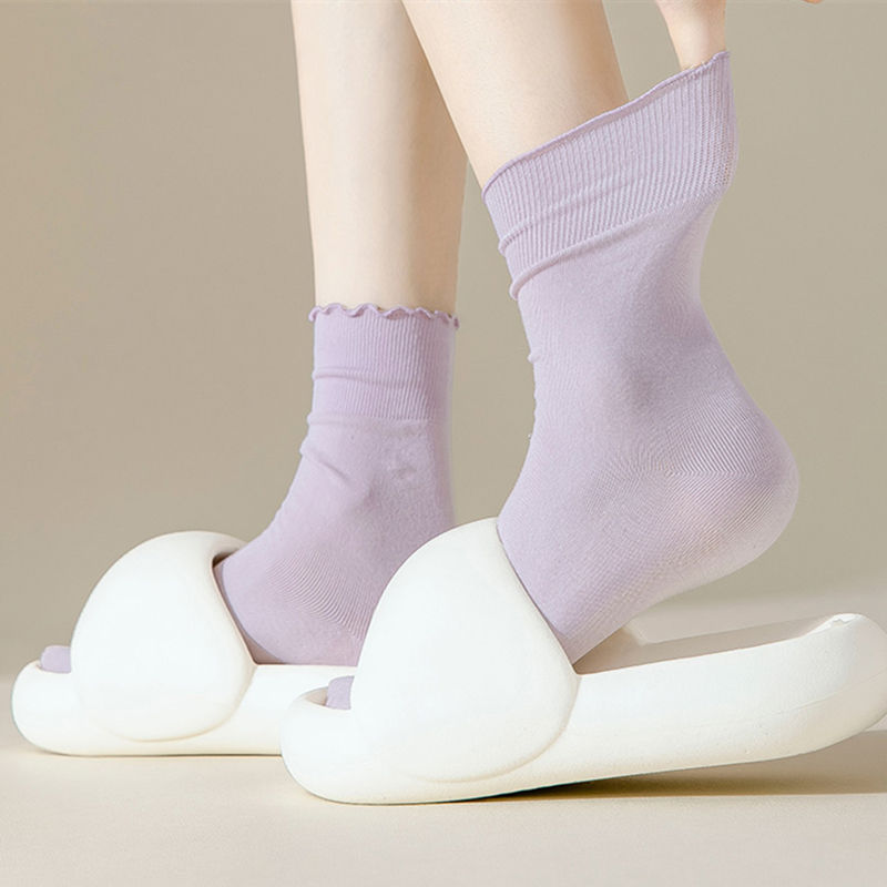 紫色木耳边堆堆中筒袜子女ins可爱风韩式潮流外穿搭配小皮鞋袜子