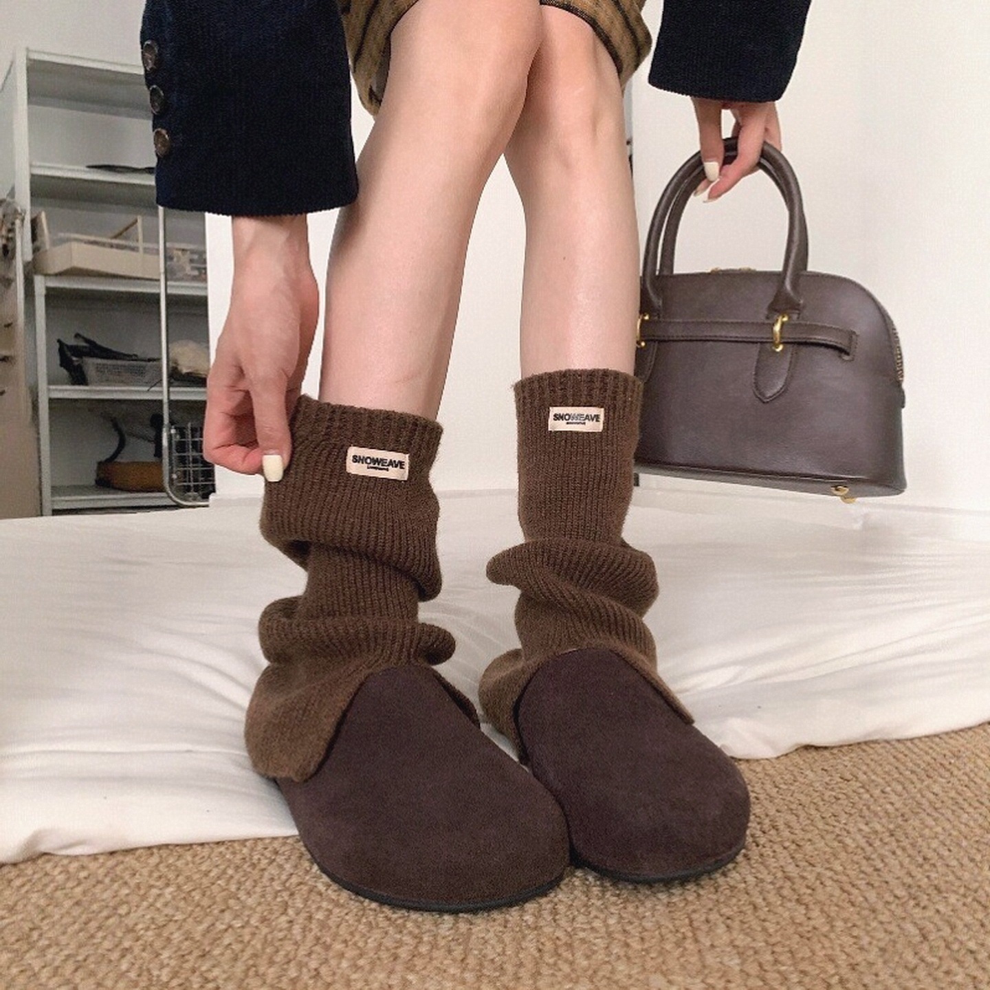 秋冬季咖啡色复古ins美拉德风堆堆袜女穿搭配短女靴子袜子