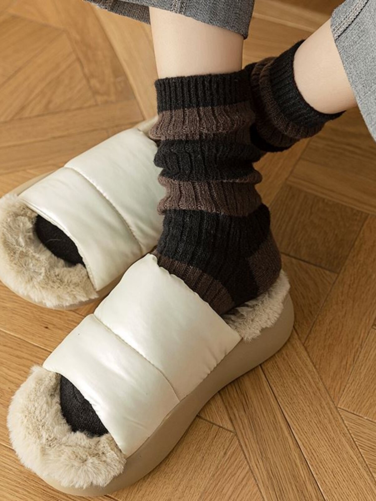 양모 양말 여성 줄무늬 접합 중반 송아지 겨울 두꺼운 따뜻한 기능 트렌드 수건 수면 파일 양말 새로운