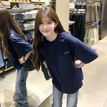 短袖t恤女士藏蓝色2025新款纯棉宽松半袖夏季美式小众不撞款上衣