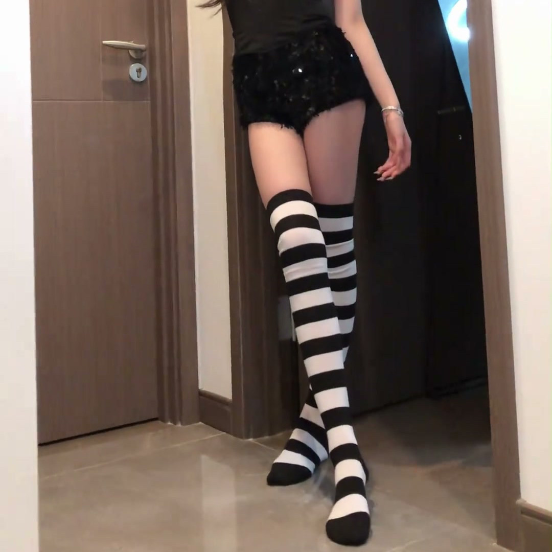 日系条纹过膝长筒袜女百搭JK堆堆袜黑白色打底袜