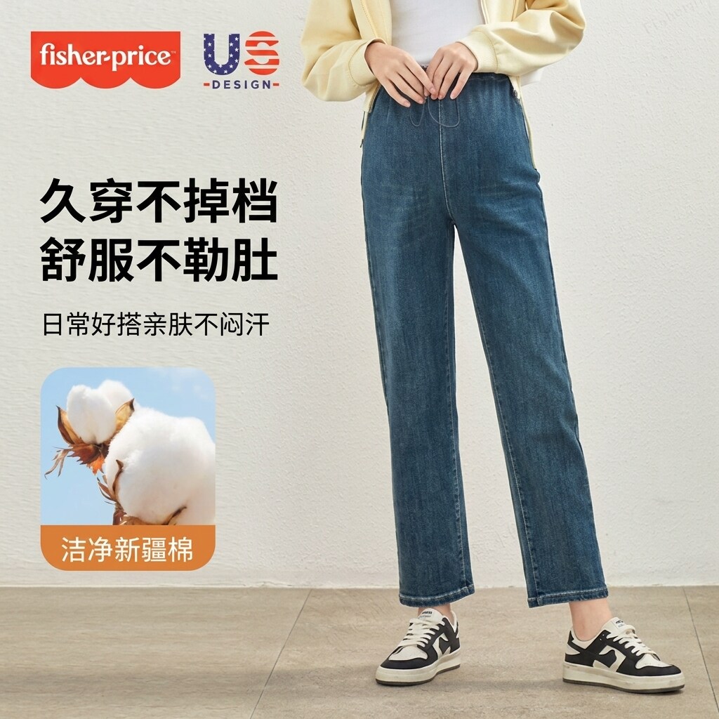 费雪孕妇裤子牛仔裤秋外穿不勒肚子直筒裤2026新款加绒宽松休闲裤