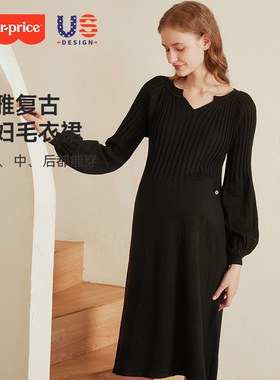 FisherPrice秋冬女士连衣裙毛衣裙V领收腰长袖针织黑色中长款显瘦
