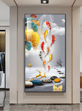 新中式九鱼图客厅玄关装饰画走廊过道鲤鱼现代简约挂画晶瓷镶钻画