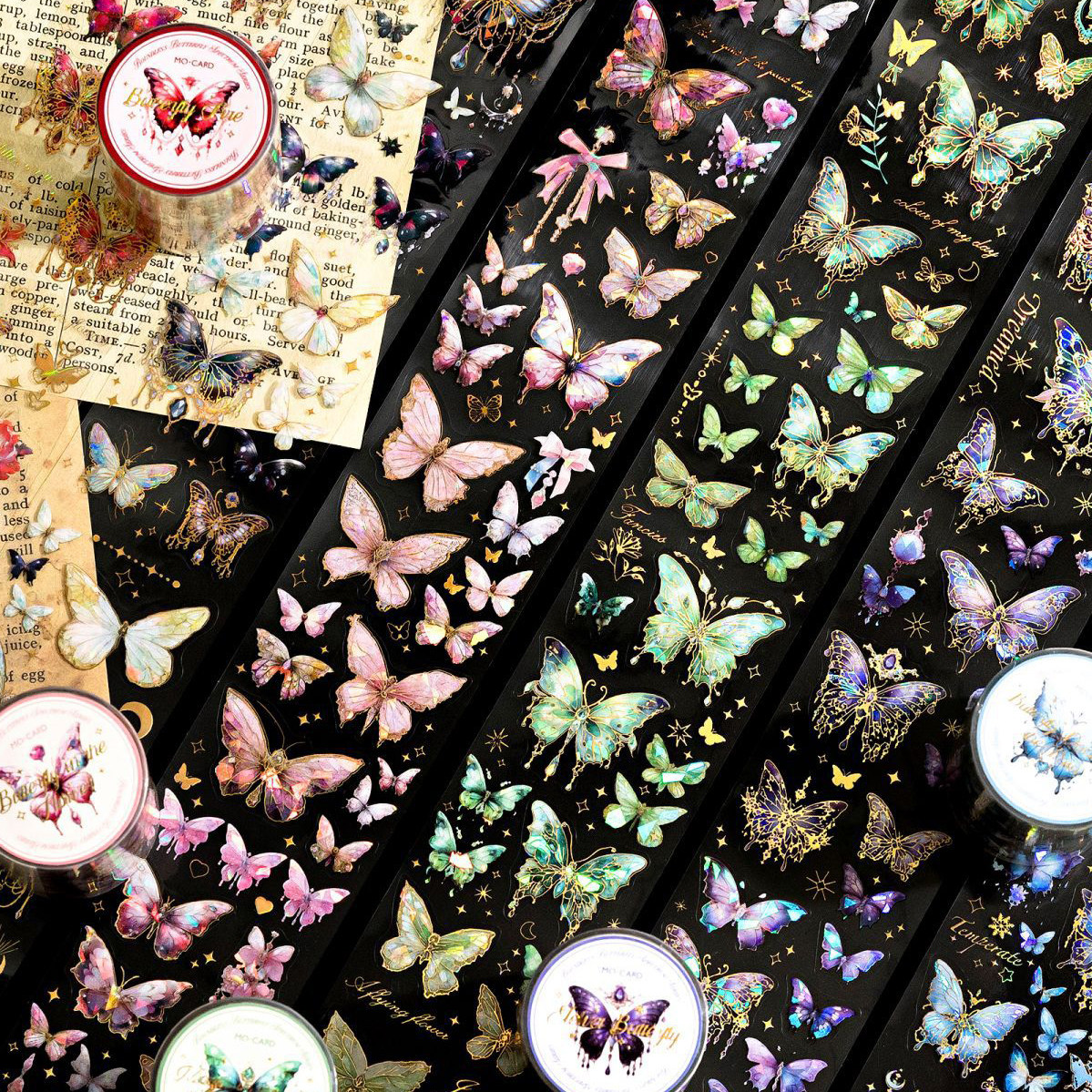 无界蝴蝶切膜镭射烫金手帐胶带复古高颜值流麻手帐造景装饰贴纸