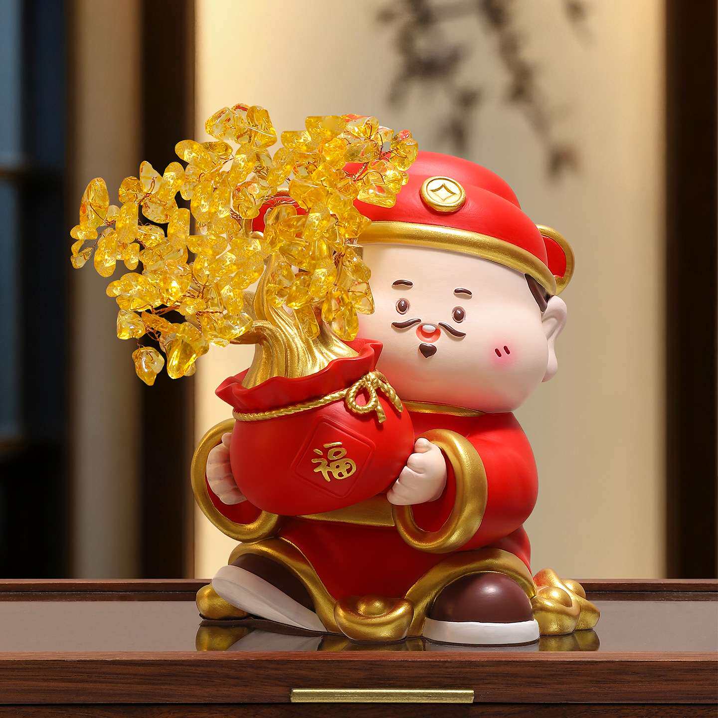 轻奢高档发财树财神爷玄关摆件客厅红酒柜装饰品新年搬家乔迁礼物