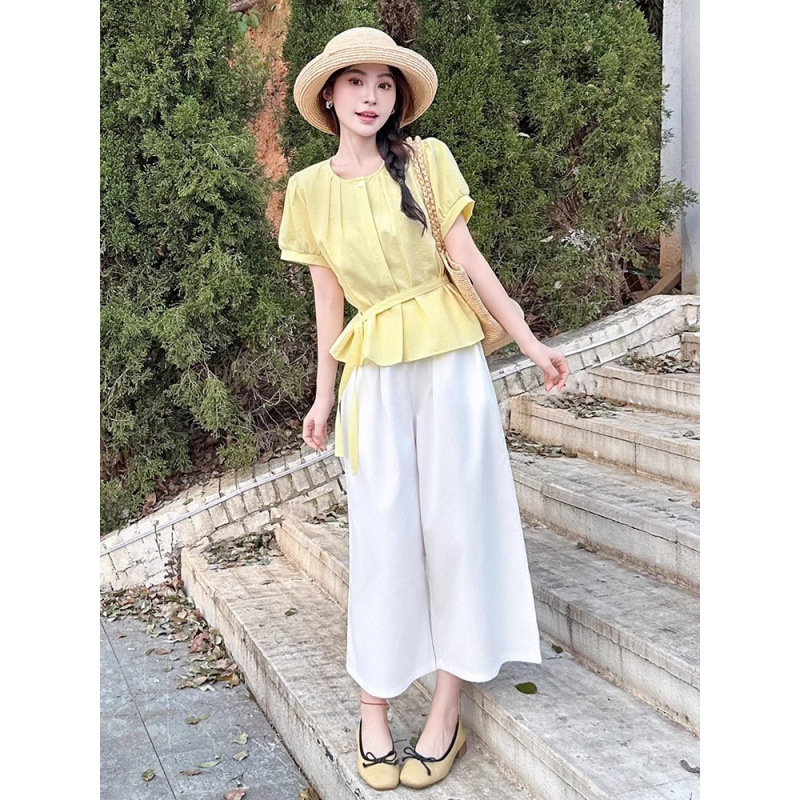 时尚阔腿裤套装女夏2025夏季新款洋气收腰显瘦衬衣九分裤裙