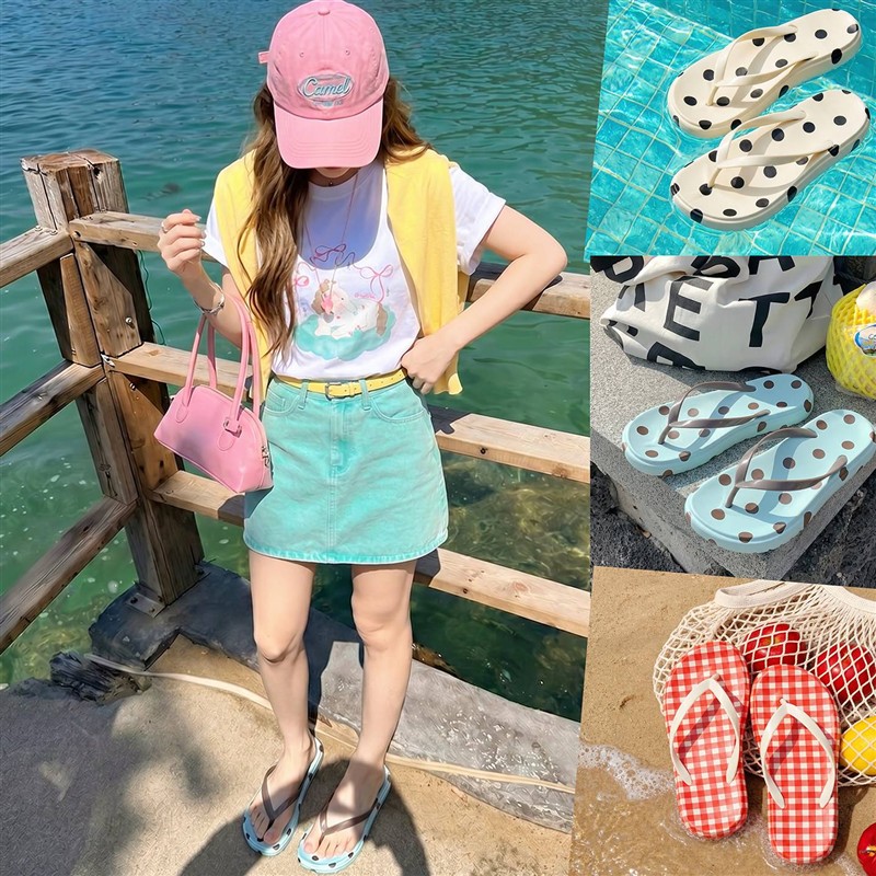 波点人字拖女夏外穿度假新款沙滩防滑厚底绝美夹脚游泳凉拖鞋海边