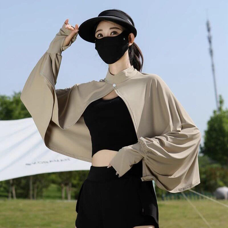 防晒披肩女夏季骑车开车防紫外线罩衫斗篷透气宽松长袖冰丝薄外套
