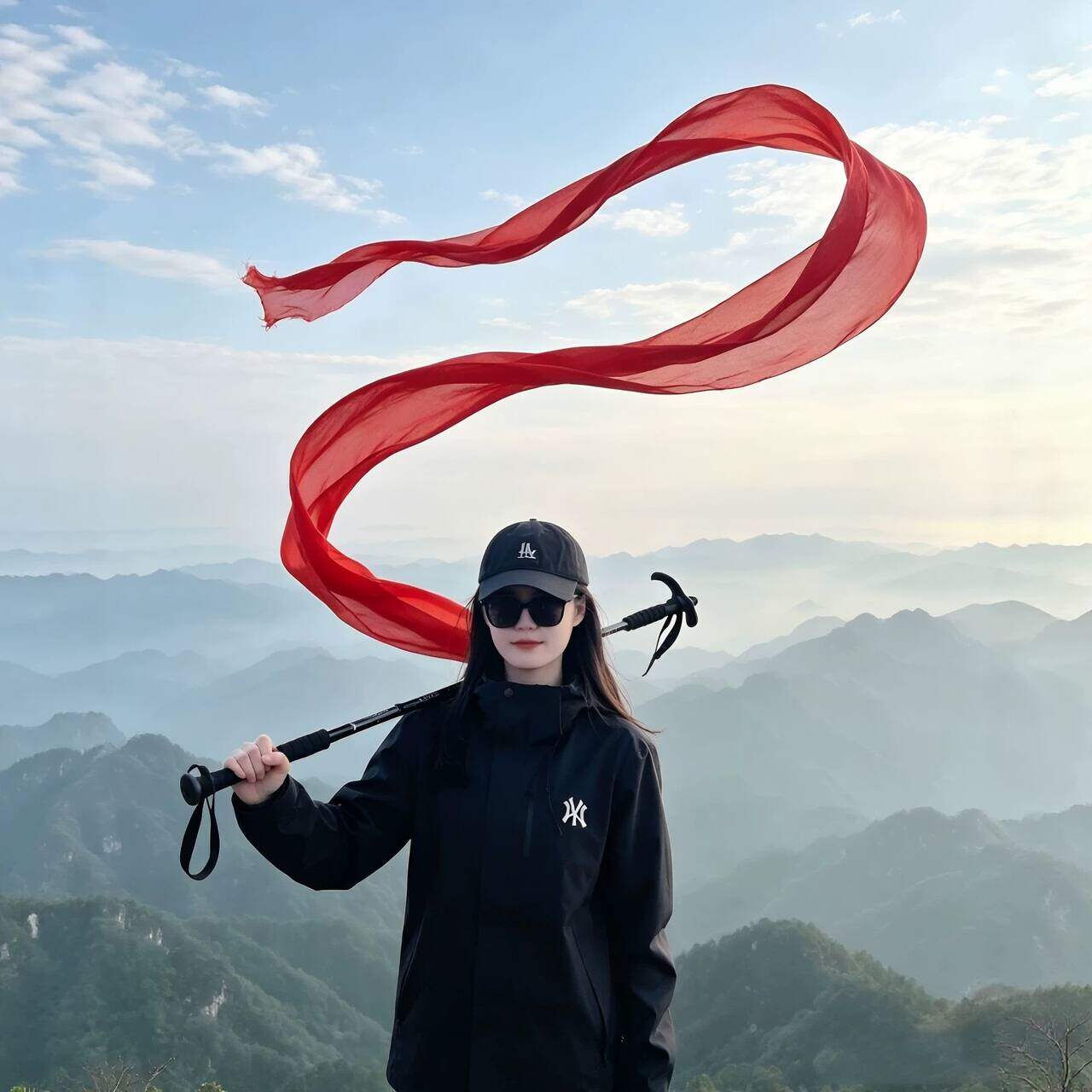 登山杖上的红丝带红绢帛飘带超宽八厘米披帛户外爬山登山拍照道具