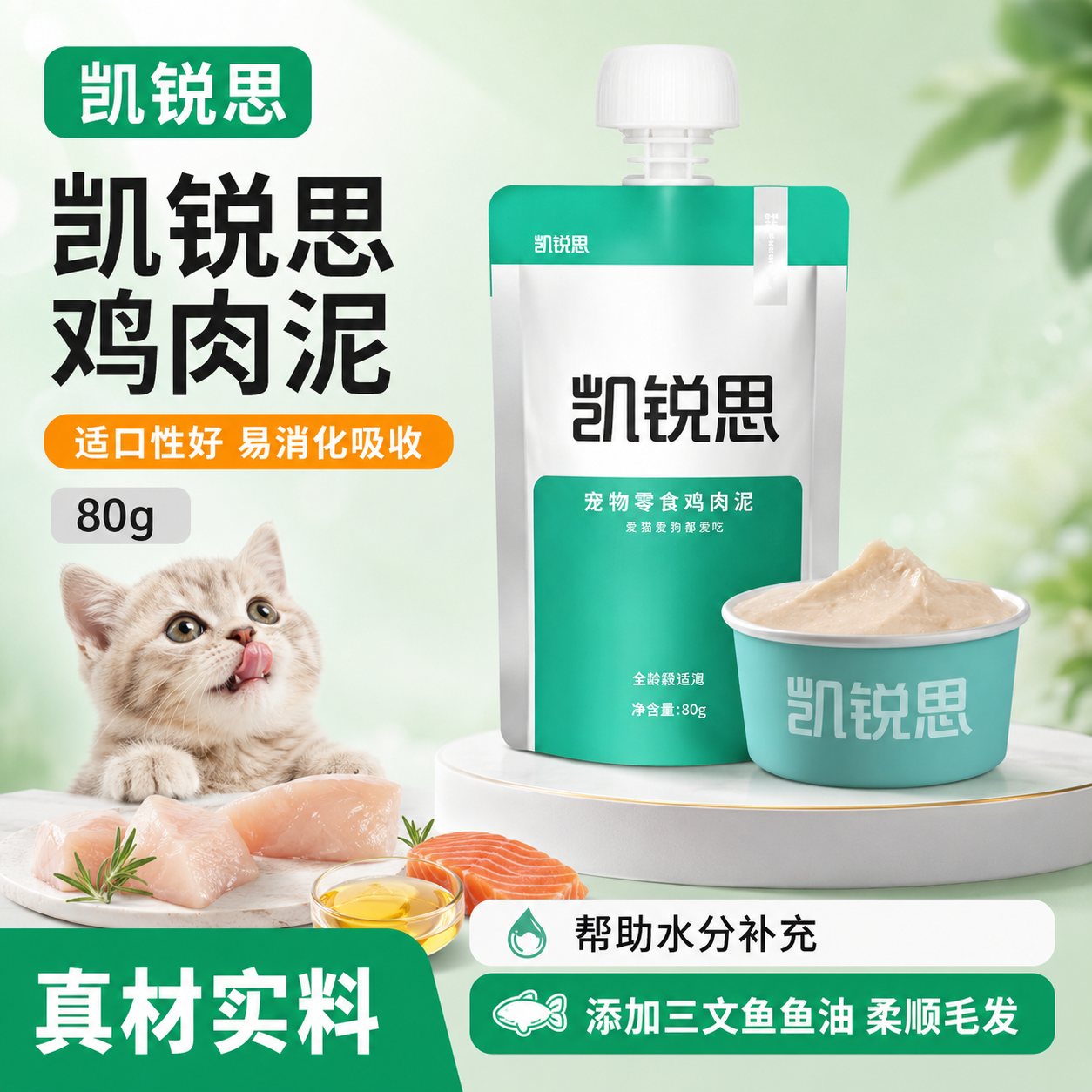凯锐思鸡肉泥犬猫通用猫零食易消化吸收猫狗湿粮包宠物拌粮饭80g