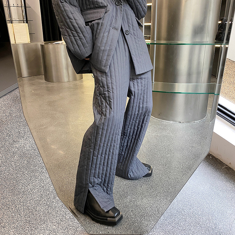 2024冬ins秀款个性竖纹套装加厚保暖廓形直桶开衩棉裤K0359P95，男装西裤，电商C219