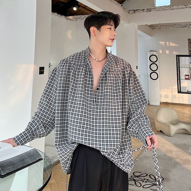 2024春夏设计师休闲宽松格子飘带抽皱娃娃衫男女 C0424 P80图片