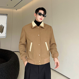 秋冬秀款韩版设计师短款卡其粗纺斜纹拼皮夹克外套W0519P150，男装夹克，电商C219