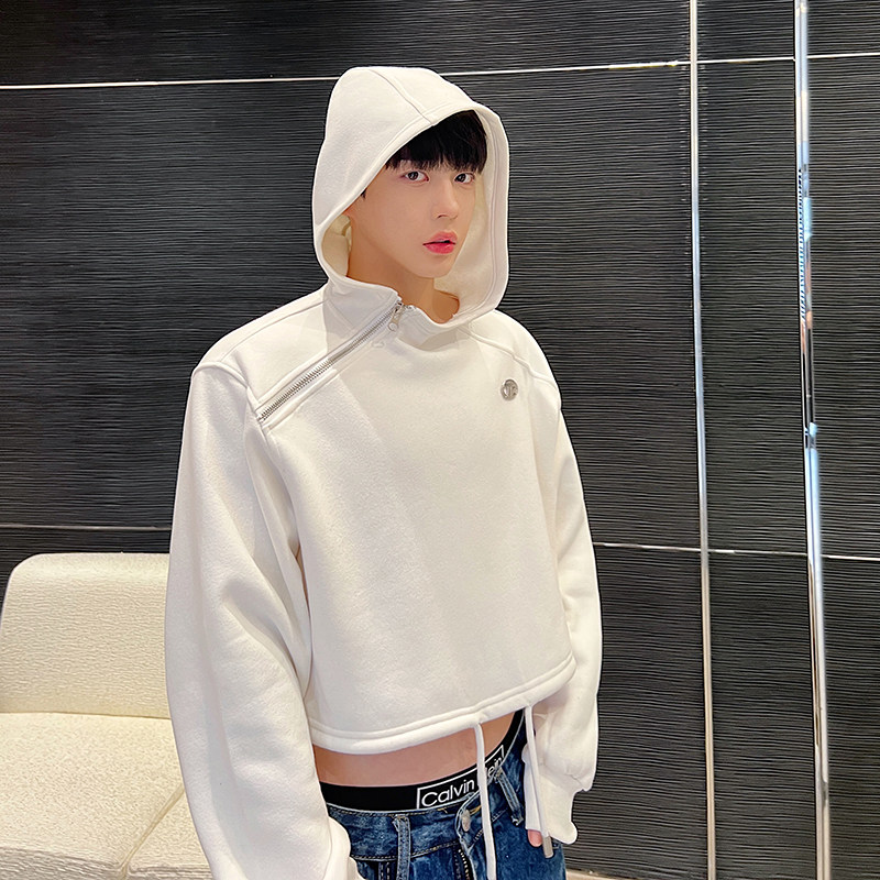 先锋辣弟风抓绒拉链设计短款连帽抽绳卫衣男女两色W0545P105,男装卫衣,电商C219