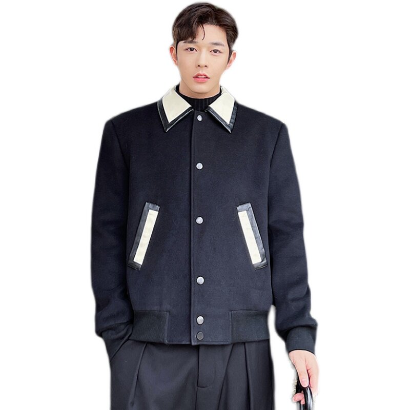 2024秋冬秀款个性短款呢料撞色拼皮翻领插袋夹克外套W0347P150,男装夹克,电商C219