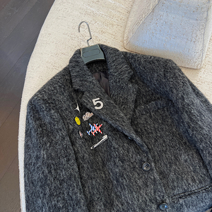 秋冬設(shè)計(jì)重磅加厚煙灰色羊毛呢料DIY胸針廓形西裝 W0533 P210圖片