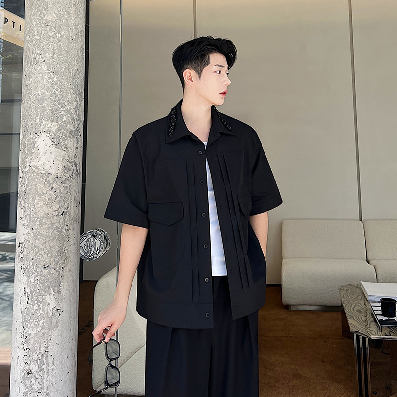 夏款秀款设计师重工立体解构珍珠装饰短袖衬衫两色男女C0602P80,男装衬衫,电商C219