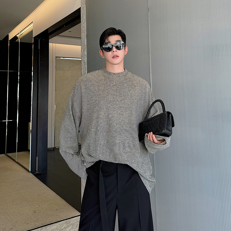 24秋冬韩版老钱宽松廓形oversize百搭条纹针织长袖打底T0713P80,男装T恤,电商C219