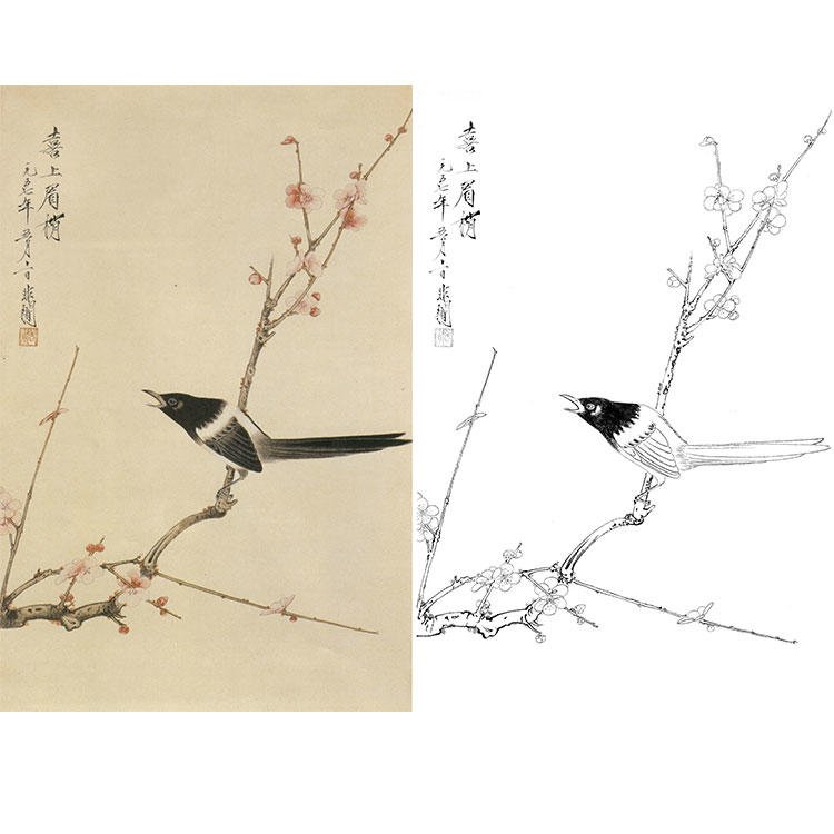 工笔画白描底稿喜鹊喜上眉梢于非闇花q鸟梅花实物打印