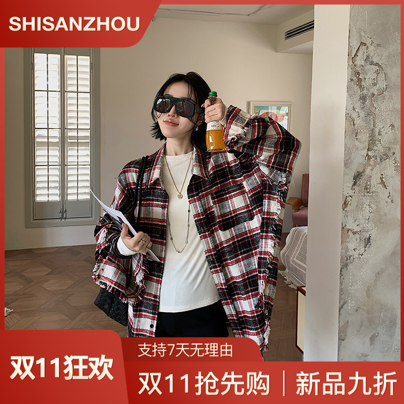 十三粥 秋日学院 经典休闲格纹衬衫女秋通勤实穿时尚百搭宽松遮肉
