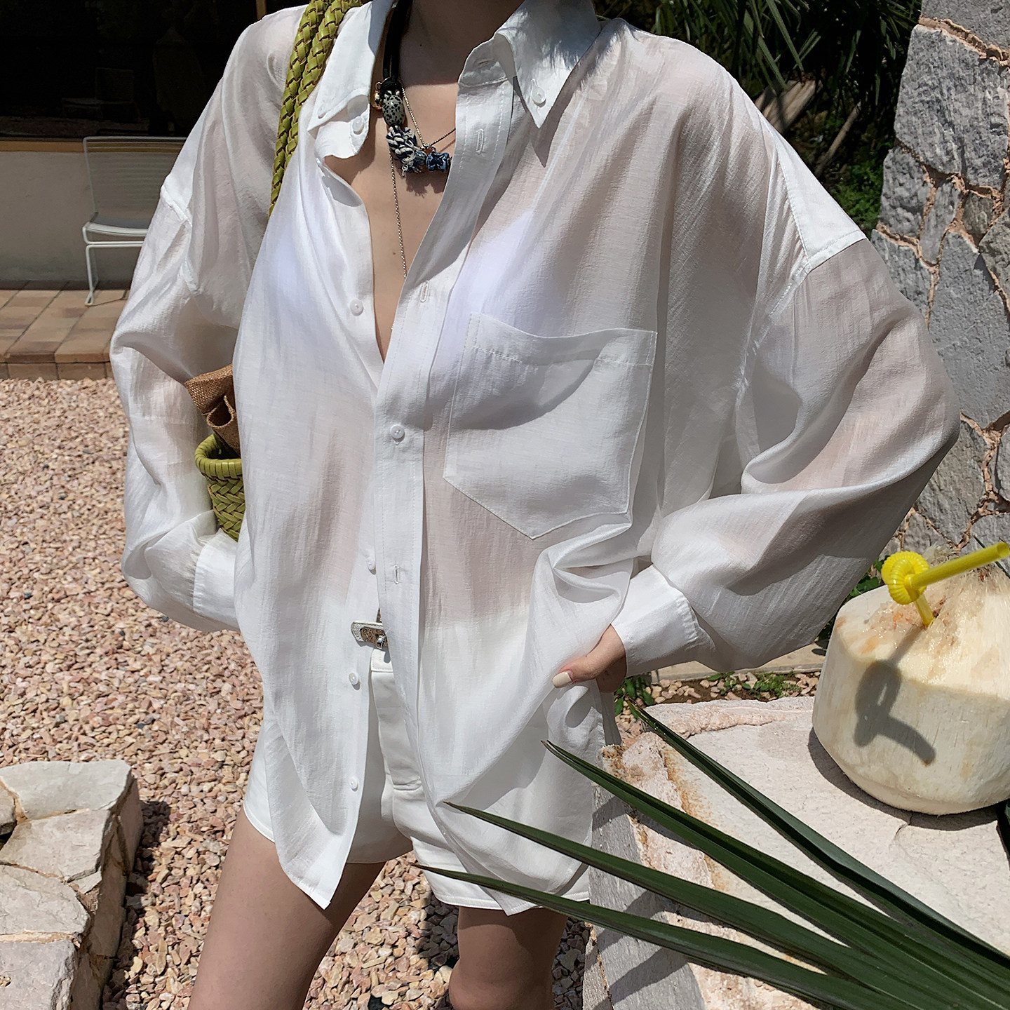 十三粥 薄雾春日 醋酸天丝轻透薄款外搭朦胧感宽松小众设计衬衫女