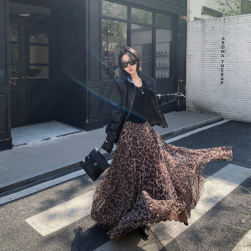 十三粥 叠影纱 豹纹网纱半身裙女冬宽松显瘦气质百搭垂感大摆长裙