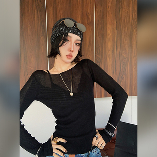 女法式 十三粥 打底衫 性感小众微透毛衫 蕾丝薄内衣两件套 暗夜叙语