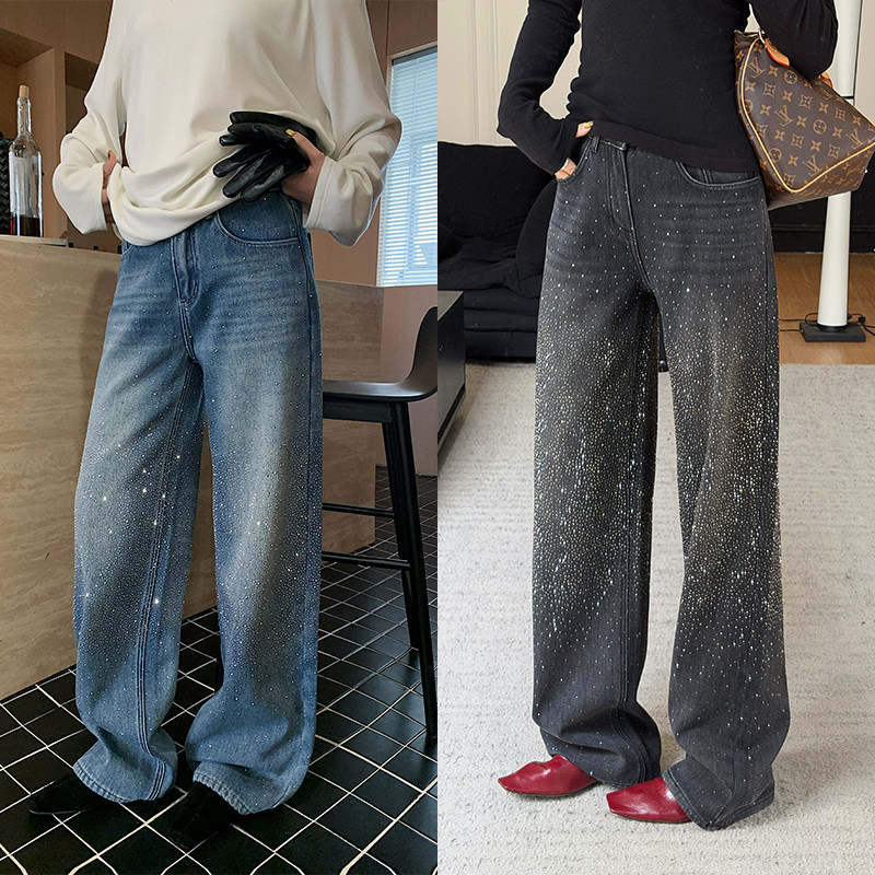 十三粥 满天星 时髦阔腿直筒牛仔长裤女秋冬简约时尚通勤百搭,女装/女士精品,牛仔裤,淘宝优惠券,粉丝福利购,淘宝优惠卷